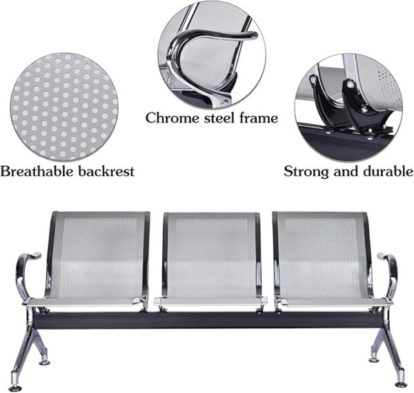 This bench is Ideal for a busy occasion and heavy demand. It is made of  5mm thickness perforated cold-rolled steel, powder coated, 1.2 mm thickness cold-rolled steel, chromed. The reception bench  is perfectly for airport lounge, family room, lobby, hospital, barber salon, beauty salon, office waiting. Reticulated seating keeps guests away from heat and discomfort. Ergonomic design. Office guest reception chairs are easy to clean. Wipe gently with a wet/dry towel. Made from stainless steel, chromed. Maximum weight capacity for each chair: 330 lbs. Sitting is also comfortable. The sturdy guest chair provides a comfortable seat.