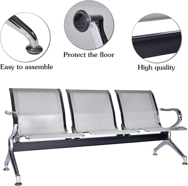 This bench is Ideal for a busy occasion and heavy demand. It is made of  5mm thickness perforated cold-rolled steel, powder coated, 1.2 mm thickness cold-rolled steel, chromed. The reception bench  is perfectly for airport lounge, family room, lobby, hospital, barber salon, beauty salon, office waiting. Reticulated seating keeps guests away from heat and discomfort. Ergonomic design. Office guest reception chairs are easy to clean. Wipe gently with a wet/dry towel. Made from stainless steel, chromed. Maximum weight capacity for each chair: 330 lbs. Sitting is also comfortable. The sturdy guest chair provides a comfortable seat.