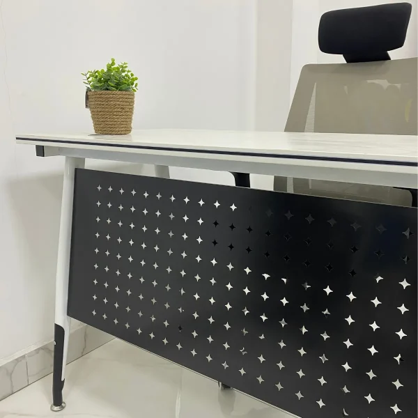 1.6m reception desk, 2- door metallic filing office cabinet, 2-way workstation, 2m executive office desk, 2way workstation, 3-link padded waiting bench, 3m boardroom table, captain mesh office seat, catalina visitors seat