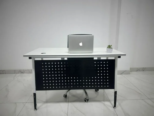 1.6m reception desk, 2- door metallic filing office cabinet, 2-way workstation, 2m executive office desk, 2way workstation, 3-link padded waiting bench, 3m boardroom table, captain mesh office seat, catalina visitors seat
