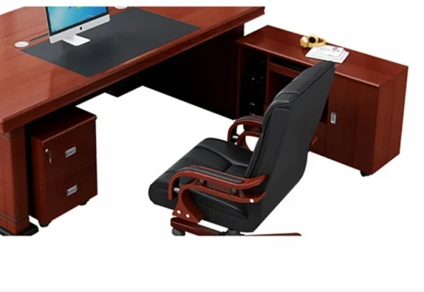 1.6 M Office Table., 2-way workstation, 3-door mahogany filing office cabinet, chrome conference seat, clerical office seat, headrest office seat, mahogany coat hanger
