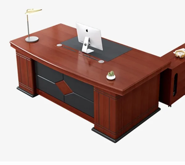 1.6 M Office Table., 2-way workstation, 3-door mahogany filing office cabinet, chrome conference seat, clerical office seat, headrest office seat, mahogany coat hanger
