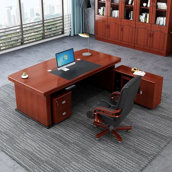 1.6 M Office Table., 2-way workstation, 3-door mahogany filing office cabinet, chrome conference seat, clerical office seat, headrest office seat, mahogany coat hanger