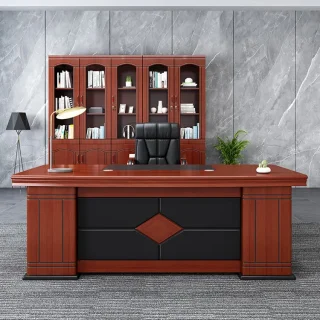 1.6 M Office Table., 2-way workstation, 3-door mahogany filing office cabinet, chrome conference seat, clerical office seat, headrest office seat, mahogany coat hanger