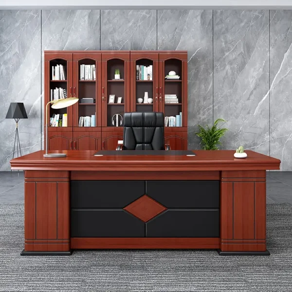 1.6 M Office Table., 2-way workstation, 3-door mahogany filing office cabinet, chrome conference seat, clerical office seat, headrest office seat, mahogany coat hanger