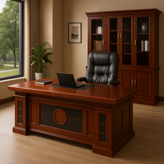 Headrest Office Chair, 2-Way Office Workstation, Executive Office Chair, 1.8M Office Desk, 3- l ink Waiting Bench, Clerical Office Chair, wooden Credenza