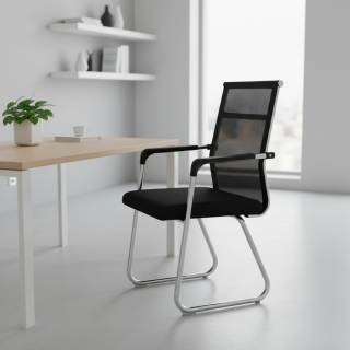 Front view of ergonomic visitors seat with premium cushioning Side view showing modern design and supportive frame Visitors seat in office reception area setup Close-up of padded seat and backrest for comfort Stackable ergonomic chair in waiting room environment