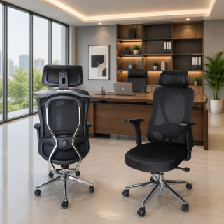 Orthopedic ergonomic office seat with high backrest, lumbar support, breathable mesh back, padded seat, adjustable armrests, and wheeled base, available in Nairobi, Kenya.