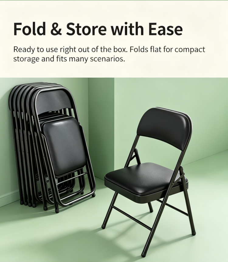Black foldable office seat with a space-saving design for flexible office and meeting areas in Nairobi, Kenya.