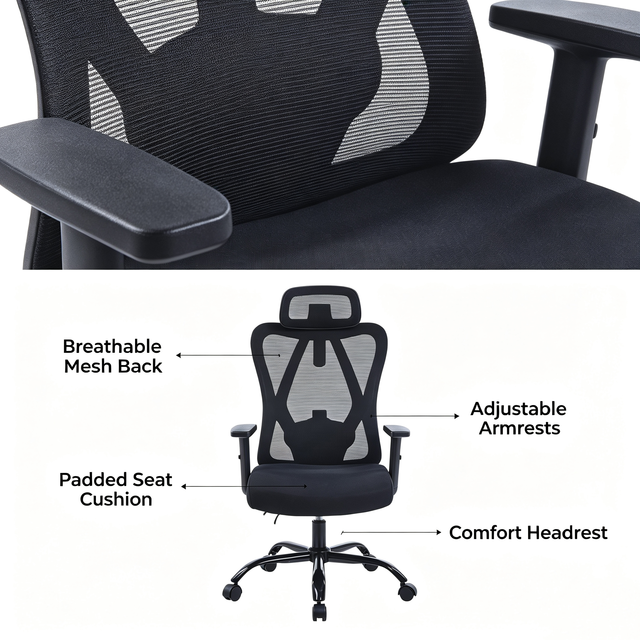 Orthopedic ergonomic office seat with high backrest, lumbar support, breathable mesh back, padded seat, adjustable armrests, and wheeled base, available in Nairobi, Kenya.