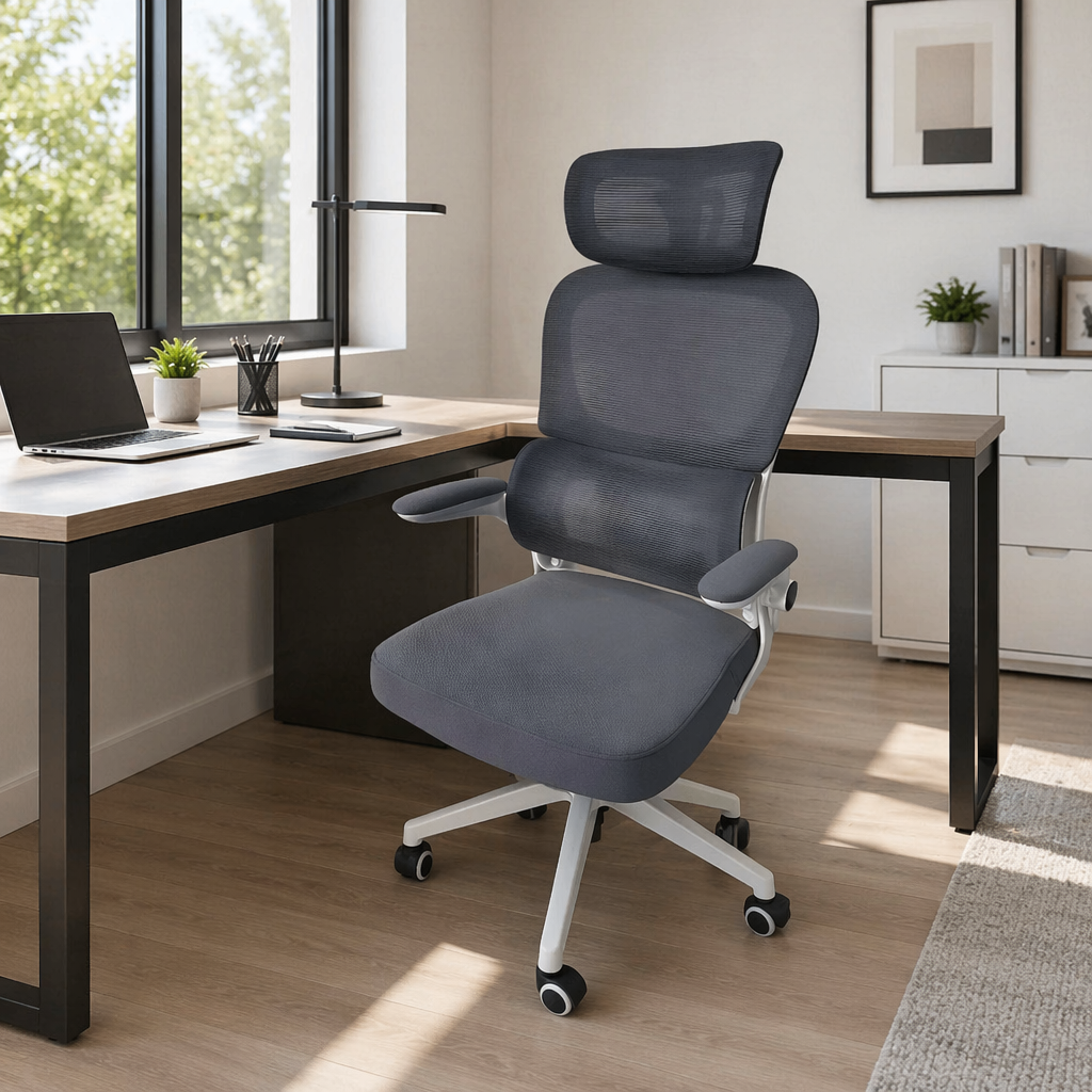 Orthopedic office seat with ergonomic high-back design, lumbar support, breathable mesh backrest, padded seat, adjustable armrests, and wheeled base, ideal for offices in Nairobi, Kenya.