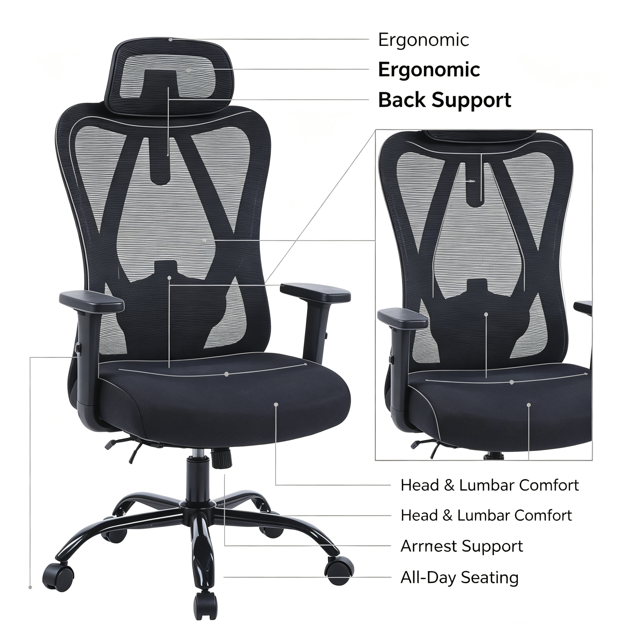 Orthopedic ergonomic office seat with high backrest, lumbar support, breathable mesh back, padded seat, adjustable armrests, and wheeled base, available in Nairobi, Kenya.