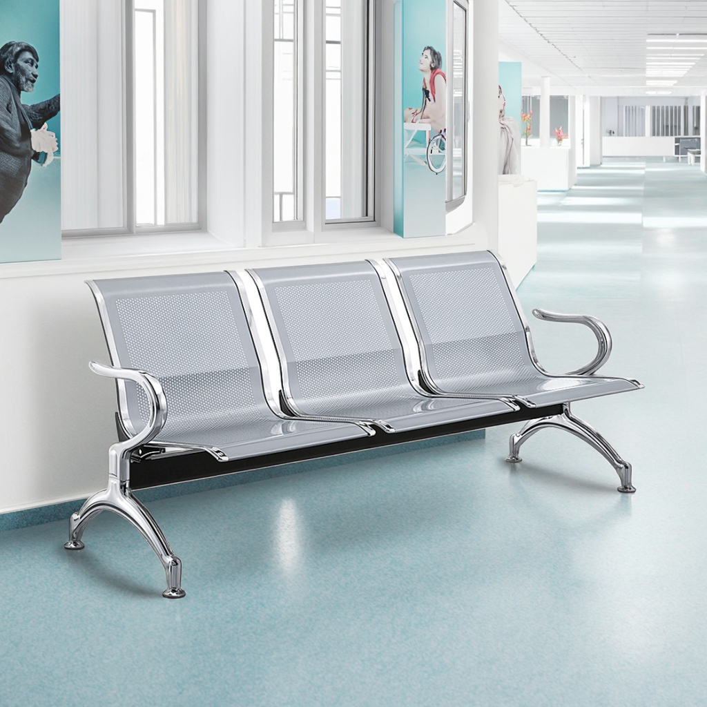 3-link non-padded waiting bench with three connected seats and durable metal frame, ideal for reception areas, waiting rooms, offices, hospitals, and clinics in Nairobi, Kenya.