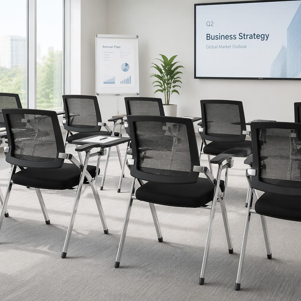 Foldable training seat with comfortable padded backrest and seat, designed for training rooms, seminars, classrooms, and conference spaces in Nairobi, Kenya.