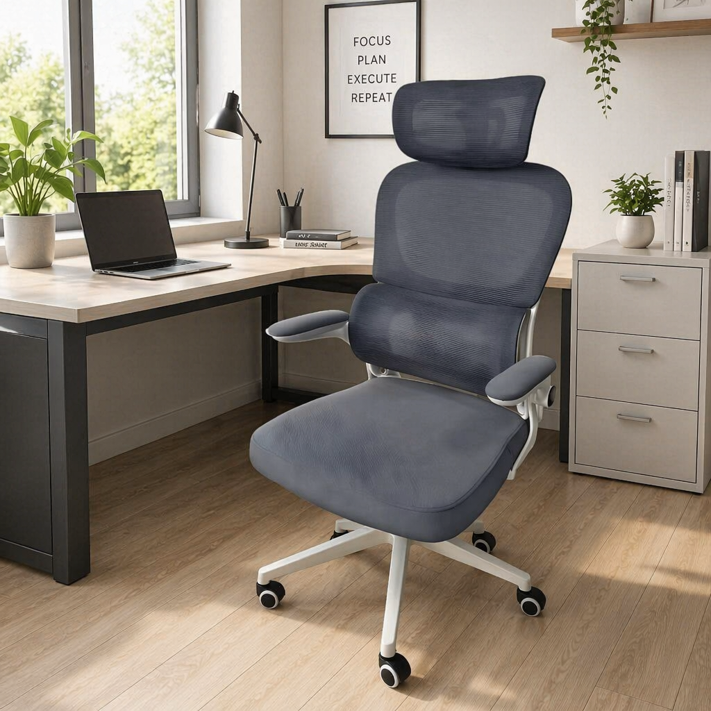 Orthopedic office seat with ergonomic high-back design, lumbar support, breathable mesh backrest, padded seat, adjustable armrests, and wheeled base, ideal for offices in Nairobi, Kenya.