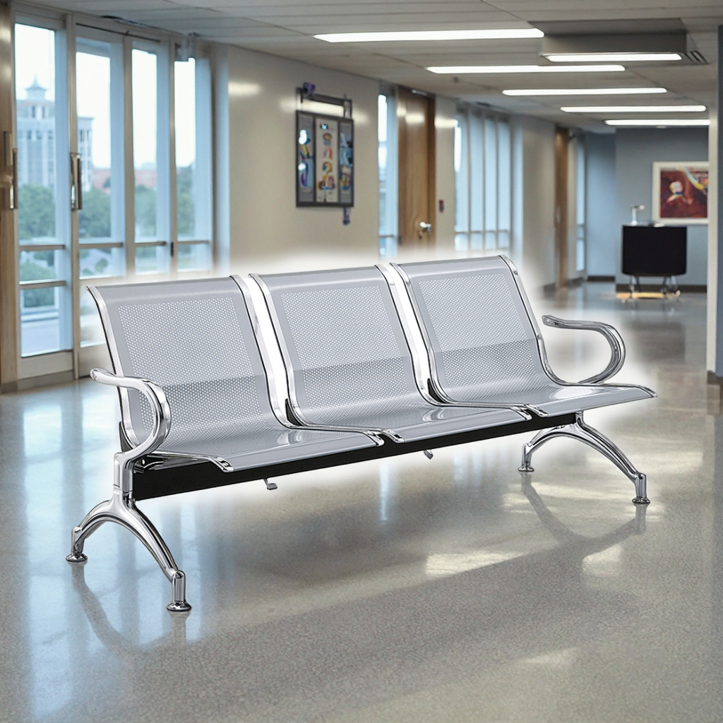 3-link non-padded waiting bench with three connected seats and durable metal frame, ideal for reception areas, waiting rooms, offices, hospitals, and clinics in Nairobi, Kenya.