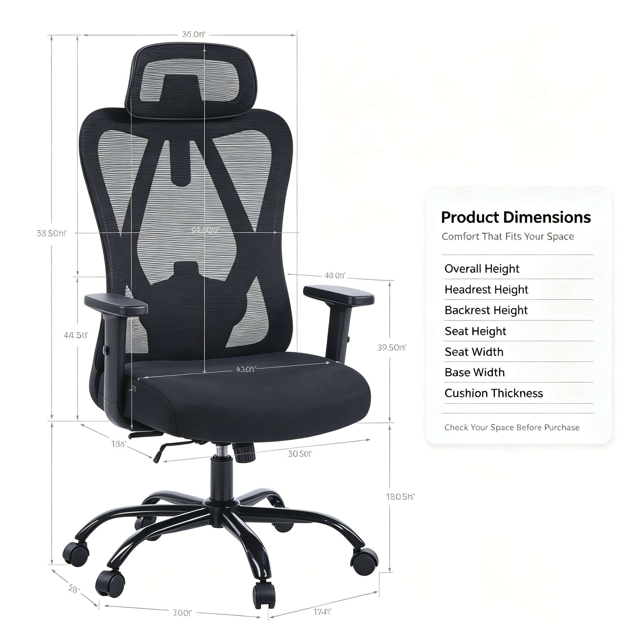 Orthopedic ergonomic office seat with high backrest, lumbar support, breathable mesh back, padded seat, adjustable armrests, and wheeled base, available in Nairobi, Kenya.