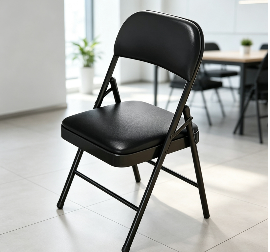 Black foldable office seat with a space-saving design for flexible office and meeting areas in Nairobi, Kenya.