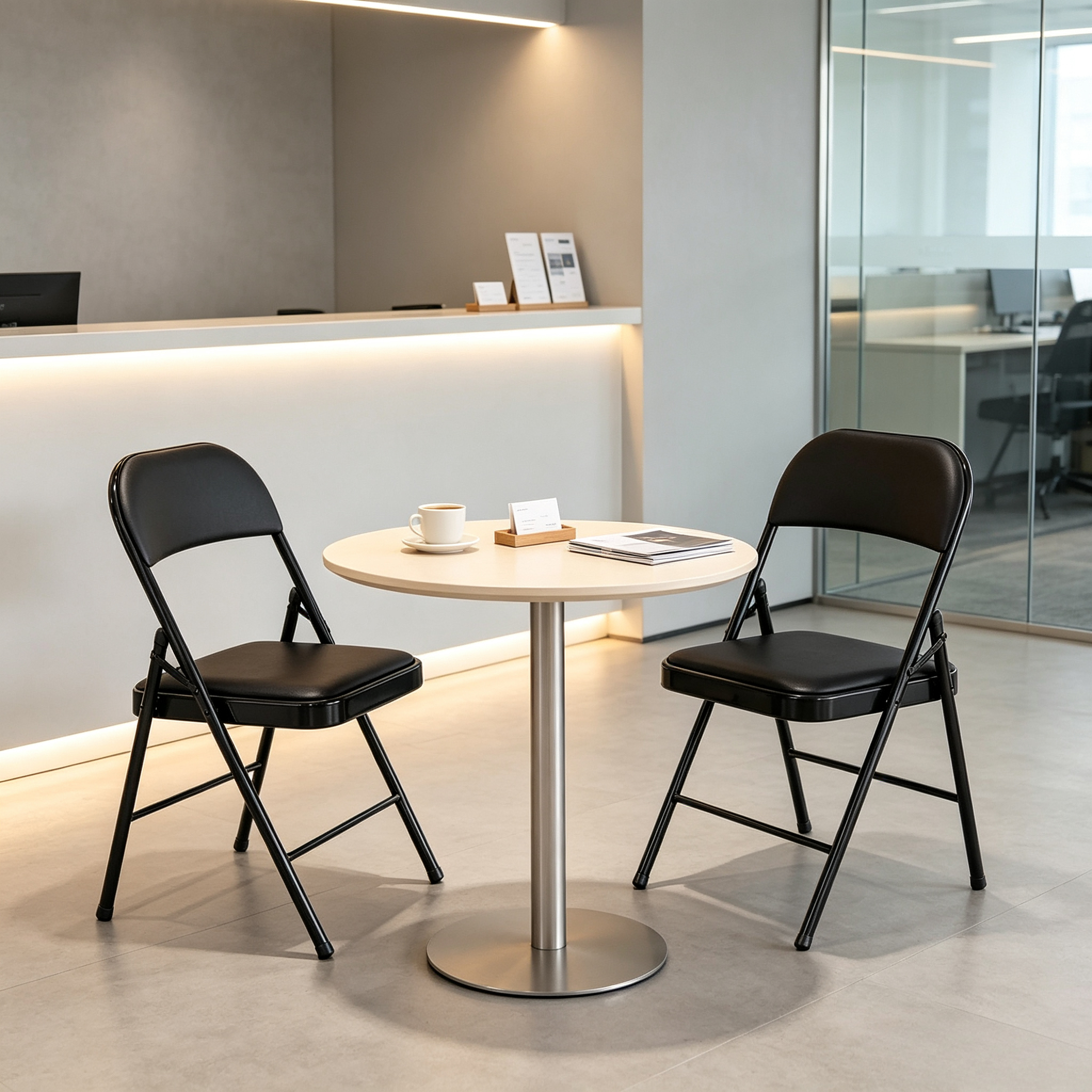 Black foldable office seat with a space-saving design for flexible office and meeting areas in Nairobi, Kenya.