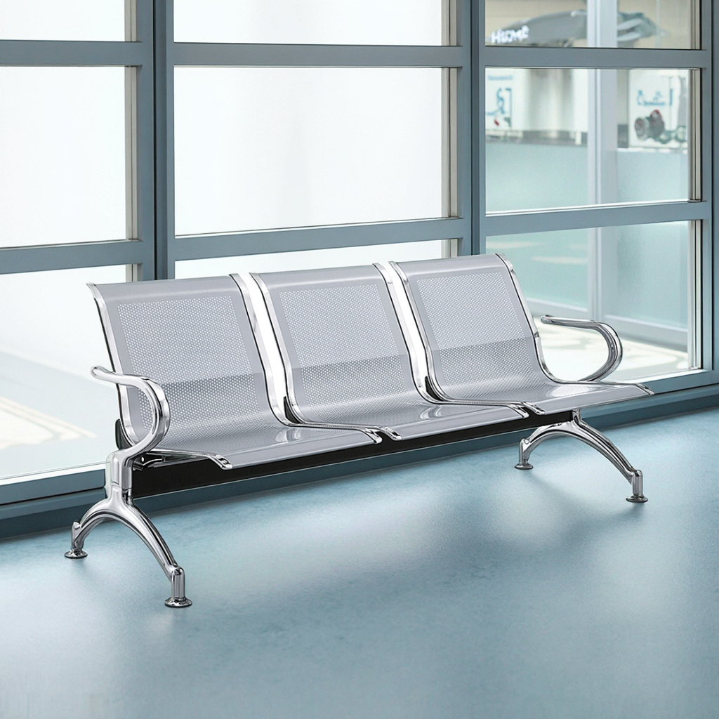 3-link non-padded waiting bench with three connected seats and durable metal frame, ideal for reception areas, waiting rooms, offices, hospitals, and clinics in Nairobi, Kenya.
