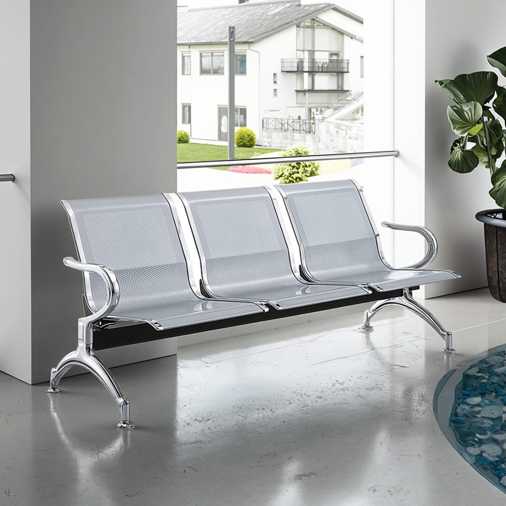 3-link non-padded waiting bench with three connected seats and durable metal frame, ideal for reception areas, waiting rooms, offices, hospitals, and clinics in Nairobi, Kenya.