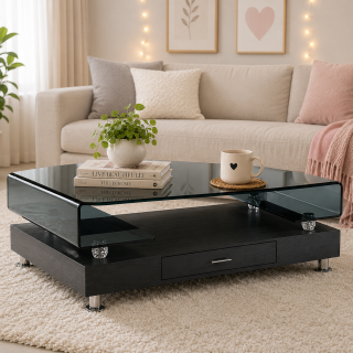 Modern black glass coffee table with sleek contemporary design in a stylish office lounge in Nairobi, Kenya