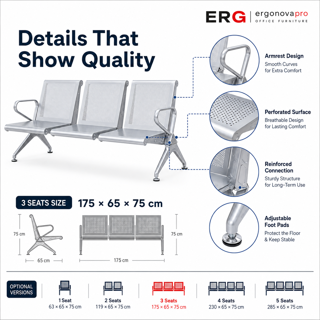 3-Link Non-Padded Waiting Bench for offices and reception areas in Nairobi Kenya
