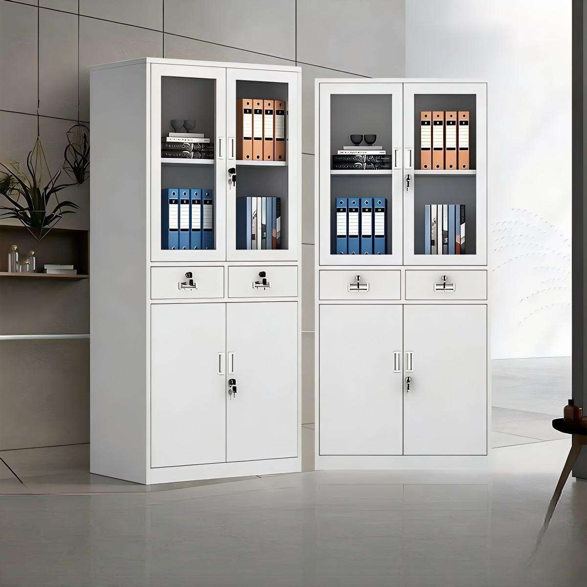 Modern white metal office filing cabinet featuring upper glass doors, two middle lockable drawers, and a lower double-door steel compartment available in Nairobi, Kenya