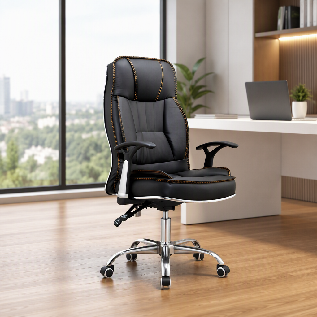 Ergonomic black leather high-back executive office chair with accent stitching, adjustable recline controls, and a polished chrome star base available in Nairobi, Kenya