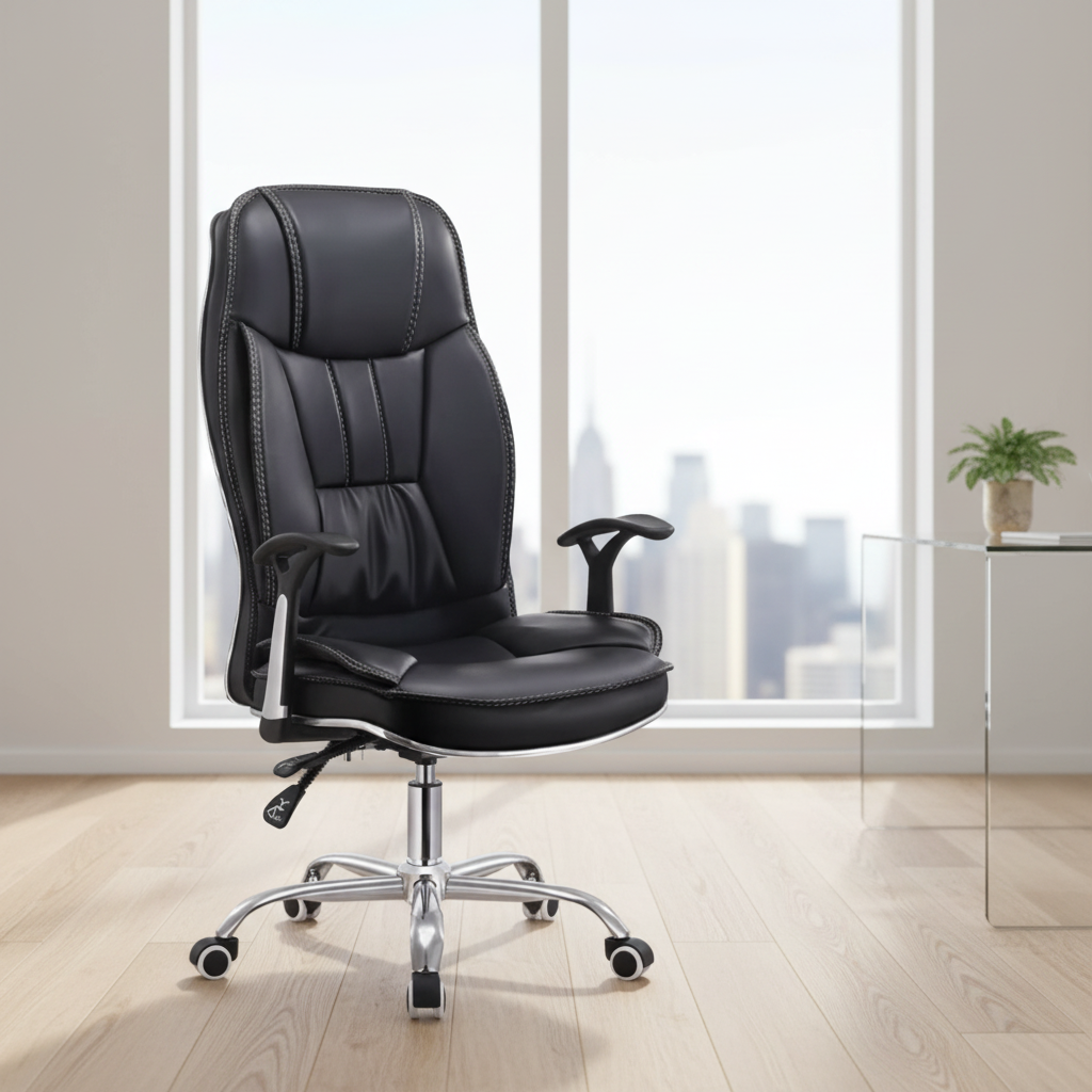 Ergonomic black leather high-back executive office chair with accent stitching, adjustable recline controls, and a polished chrome star base available in Nairobi, Kenya