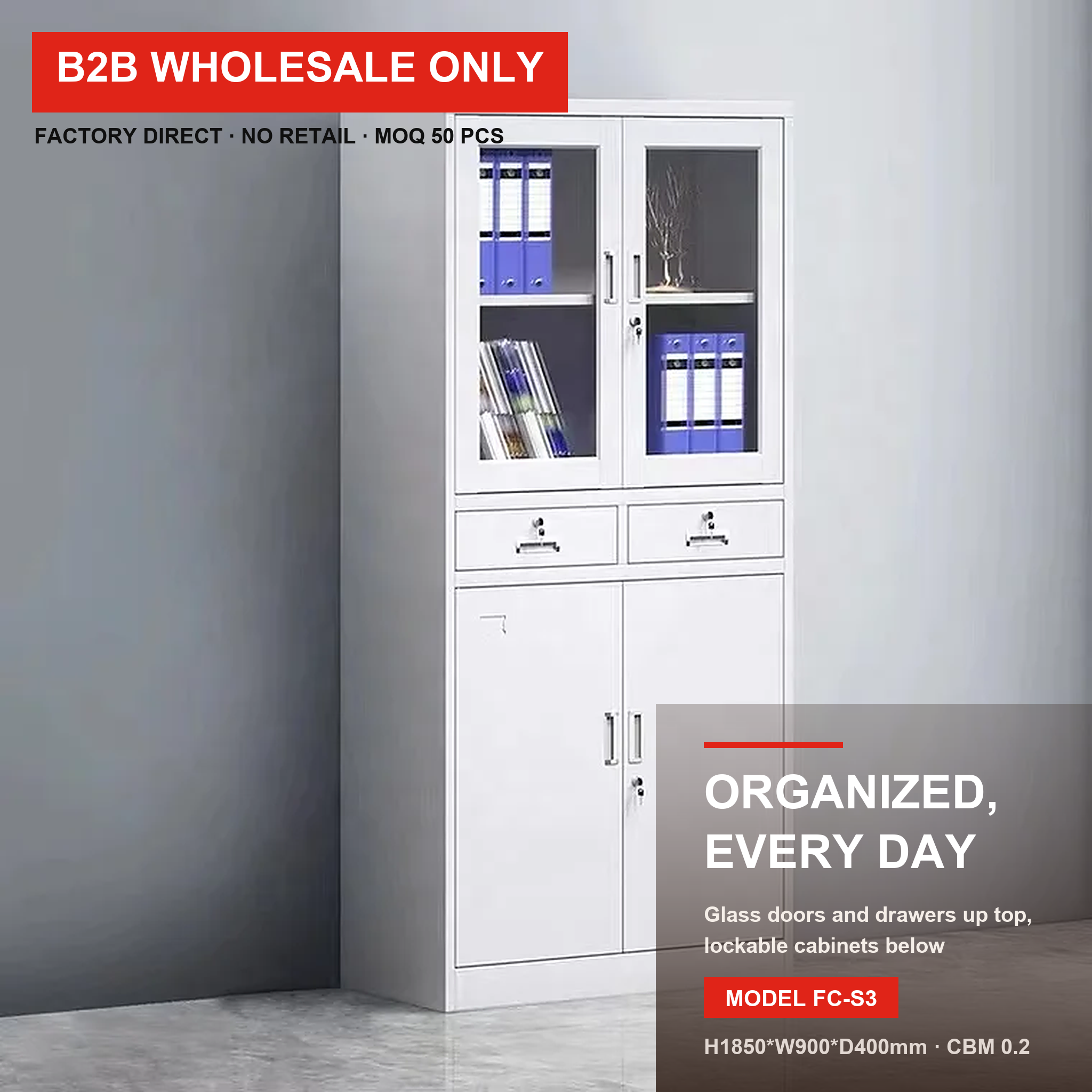 Modern white metal office filing cabinet featuring upper glass doors, two middle lockable drawers, and a lower double-door steel compartment available in Nairobi, Kenya