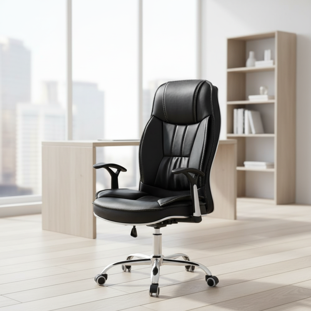 Ergonomic black leather high-back executive office chair with accent stitching, adjustable recline controls, and a polished chrome star base available in Nairobi, Kenya
