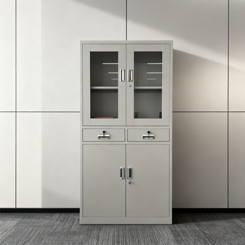 Modern white metal office filing cabinet featuring upper glass doors, two middle lockable drawers, and a lower double-door steel compartment available in Nairobi, Kenya