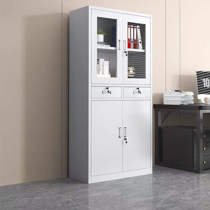 Modern white metal office filing cabinet featuring upper glass doors, two middle lockable drawers, and a lower double-door steel compartment available in Nairobi, Kenya