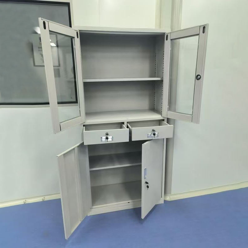 Modern white metal office filing cabinet featuring upper glass doors, two middle lockable drawers, and a lower double-door steel compartment available in Nairobi, Kenya